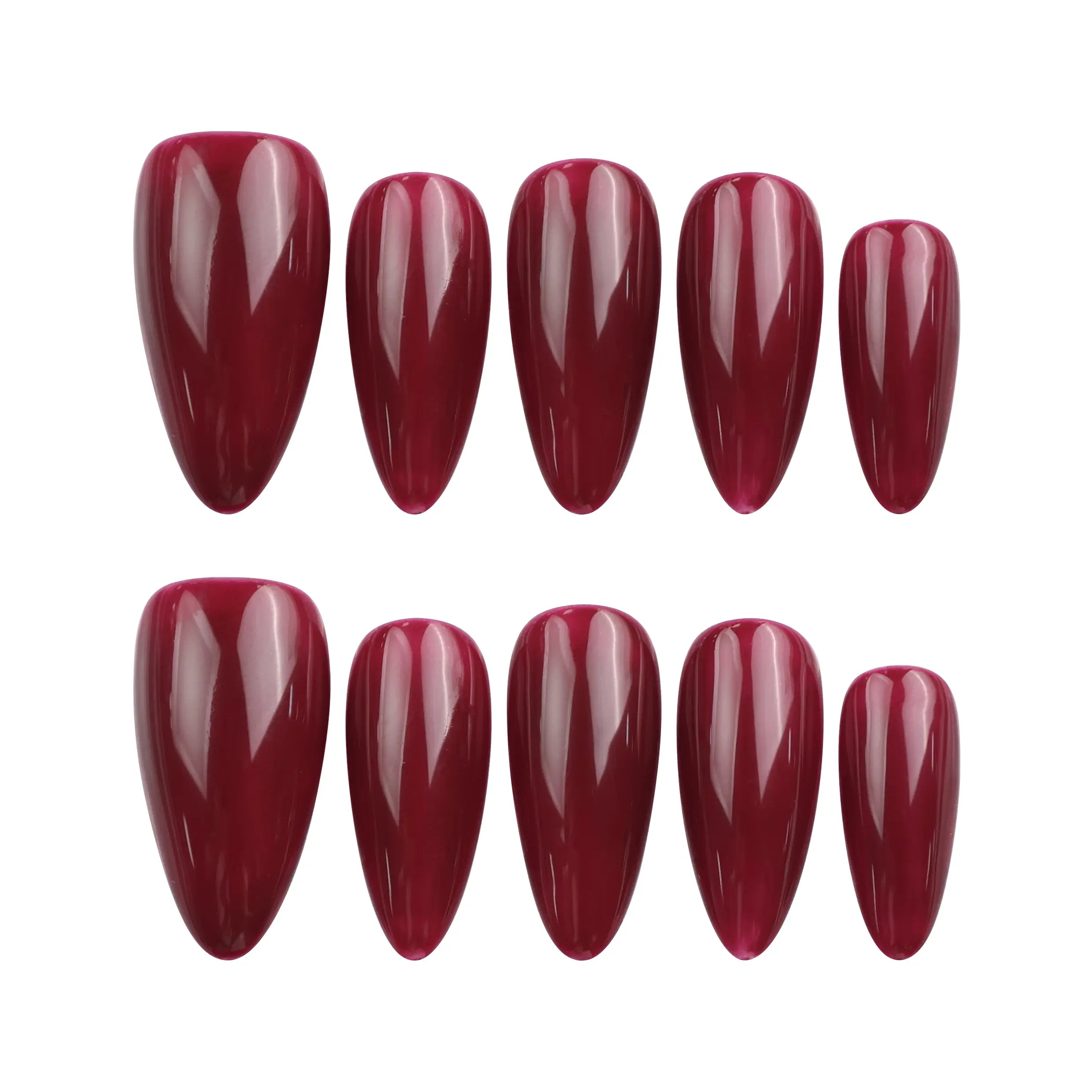 Wine Velvet deep red almond Singapore press on nails by Naillover displayed on a white background, showcasing the glossy finish and precise handmade shape.