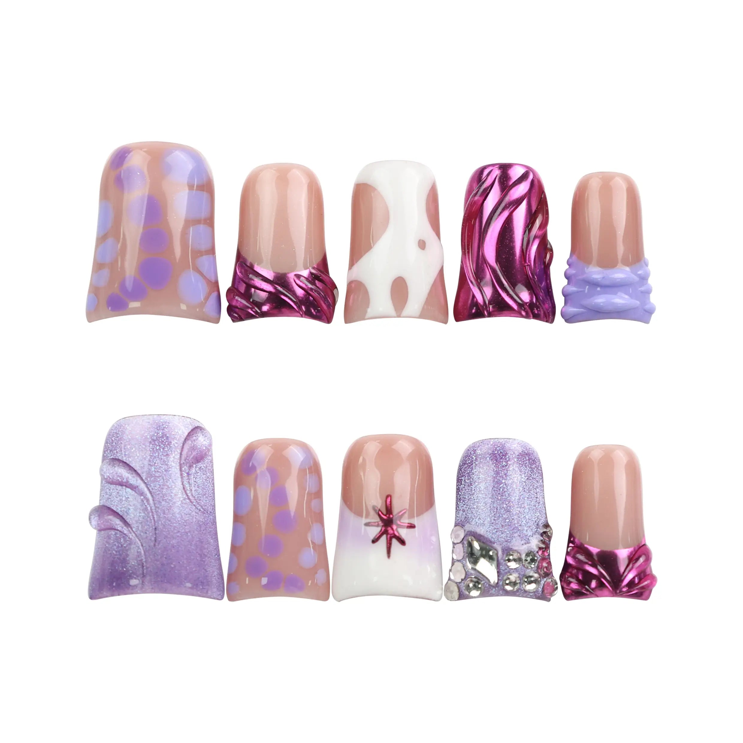 Y2K Purple Haze handmade Singapore press on nails by naillover on a white background, highlighting purple hues and linear patterns.