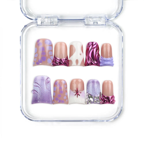 Close-up of Y2K Purple Haze handmade Singapore press on nails by naillover, featuring vibrant purple hues and linear designs for a trendy Y2K style.